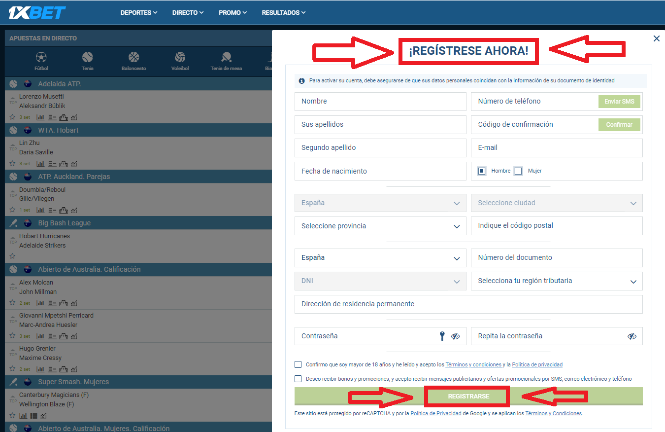 Un registro simple y fácil en 1xBet Spain